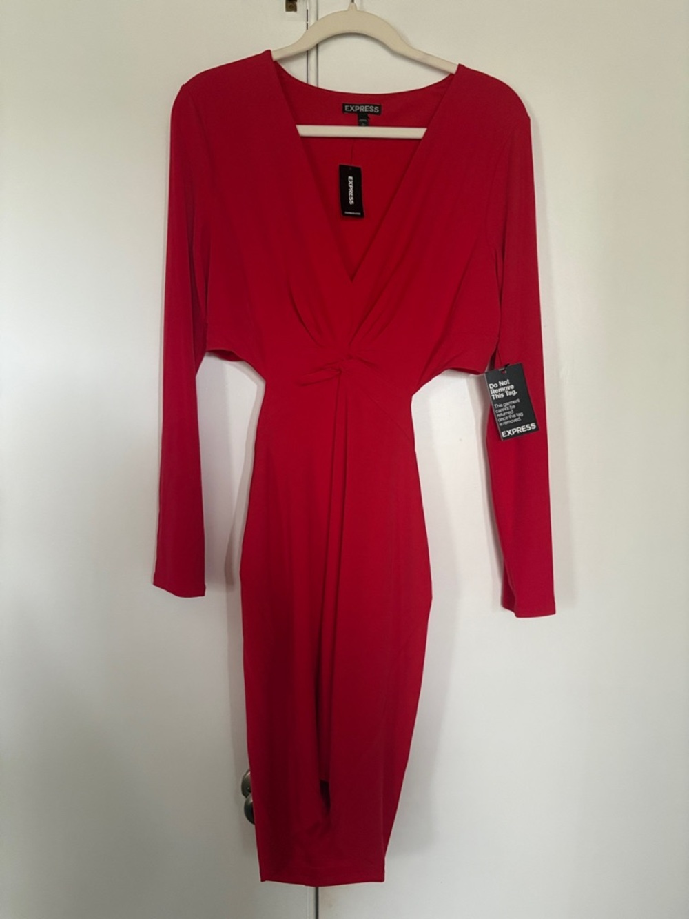 Express Red Long Sleeve Twist-Front Midi Dress